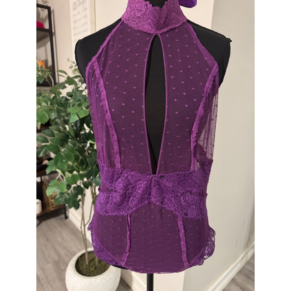 Y2K Fredericks of Hollywood Purple Lace Halter Bodysuit XL Open Back Keyhole